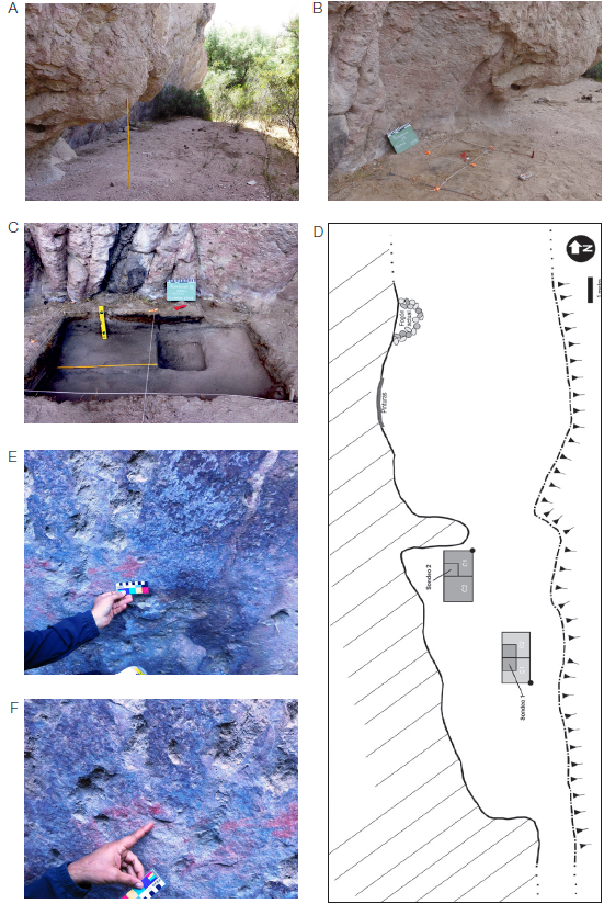 Alero Alejandra: (A) vista general del alero; (B) y (C) excavación en el sector “A” delsondeo 2; (D) planta del sitio; (E) y (F) detalle de las manchas rojas del sector “B”.
